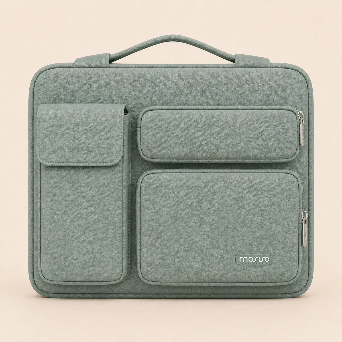 Sac ordinateur vert sauge avec poignée supérieure, deux poches frontales et fermeture zippée
