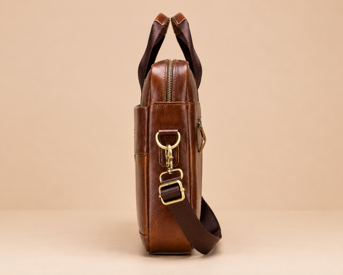 Vue de profil d une sacoche ordinateur homme marron style cuir avec bandouliere ajustable