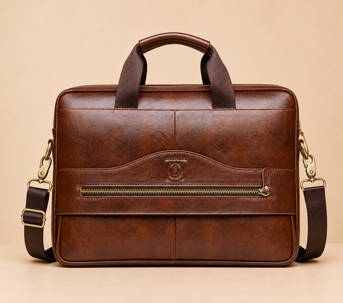 Sacoche ordinateur homme marron style cuir avec bandouliere et fermeture zippee
