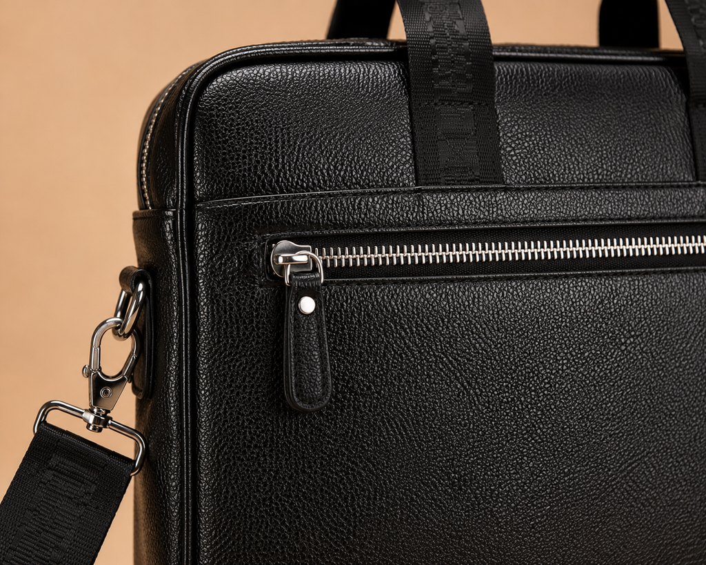 Detail d une sacoche ordinateur homme noire avec fermeture zippee et texture effet cuir