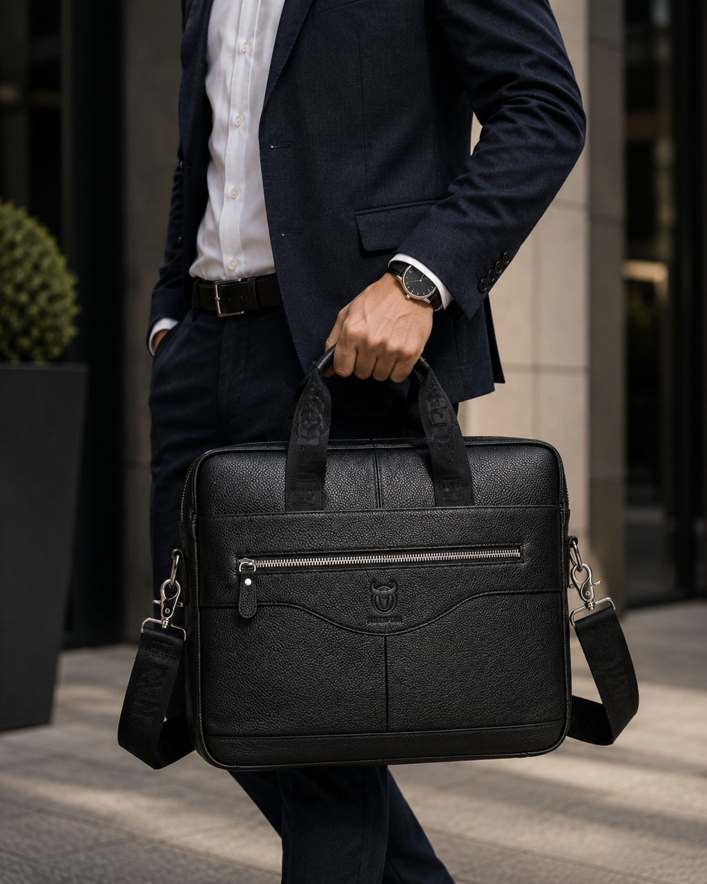 Homme en tenue business portant une sacoche ordinateur noire style cuir en environnement professionnel