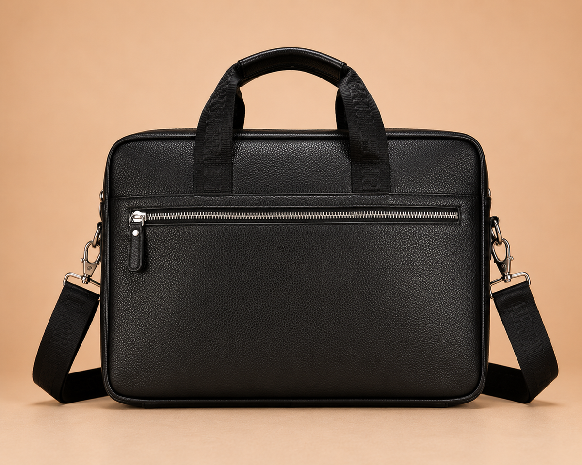 Vue arriere d une sacoche ordinateur homme noire style cuir avec poche zippee horizontale