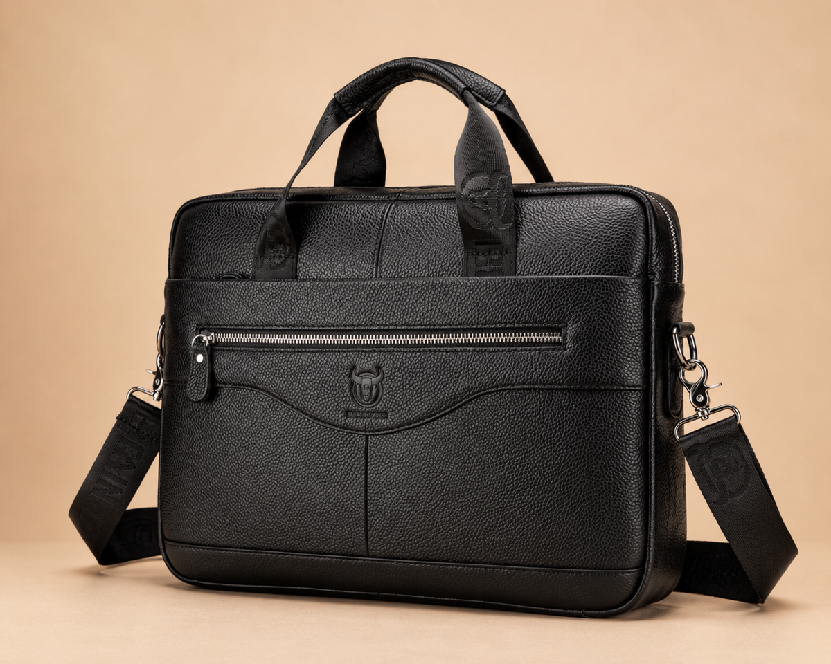 Sacoche ordinateur homme noire style cuir avec bandouliere et fermeture zippee