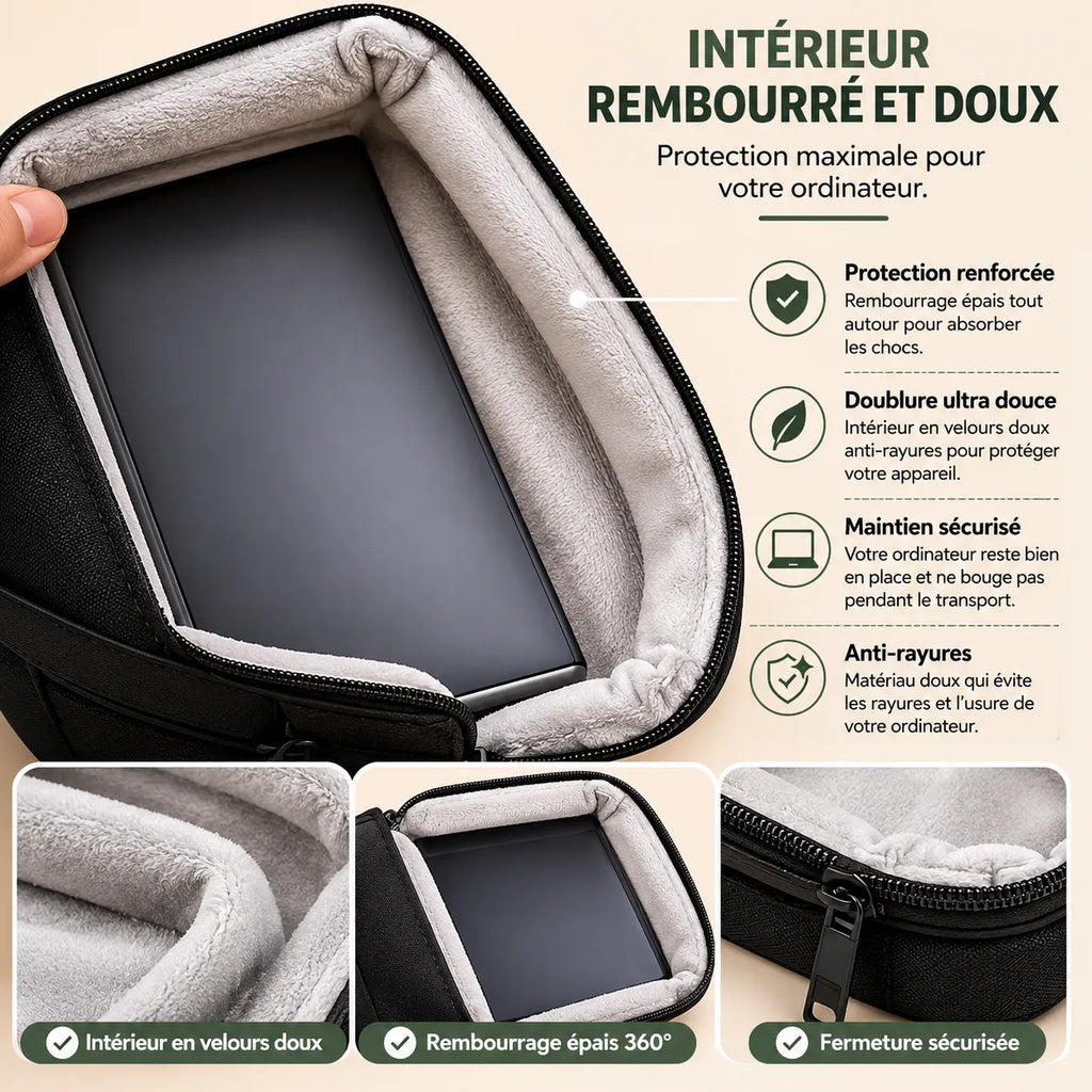 Intérieur rembourré d’une sacoche pour ordinateur avec doublure douce et protection renforcée pour ordinateur portable.