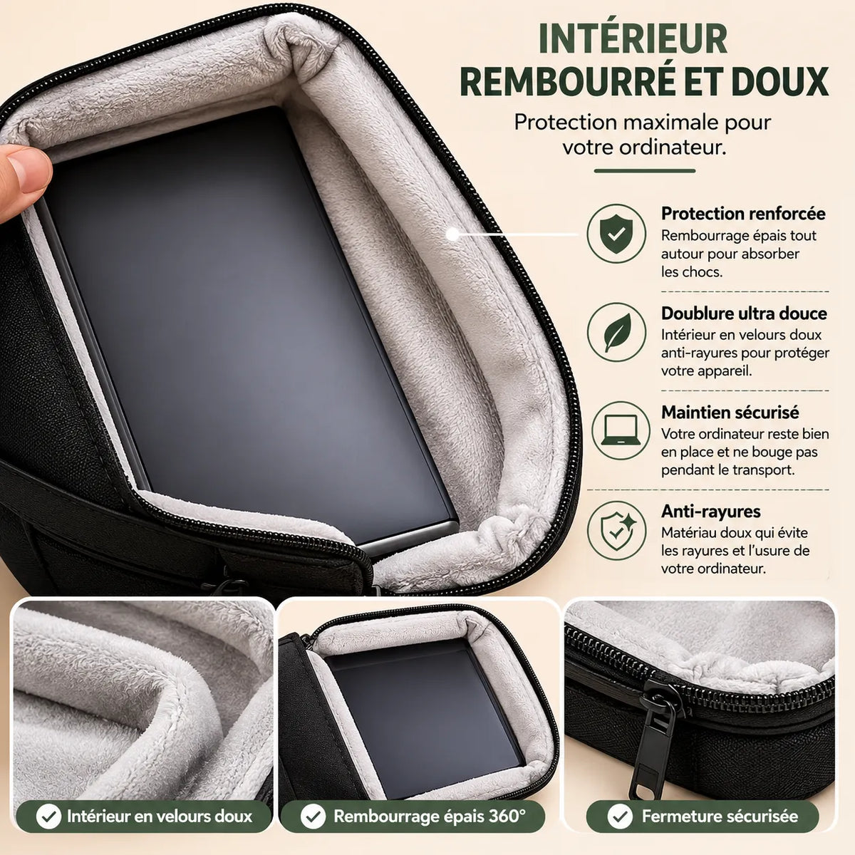 Intérieur rembourré d’une sacoche pour ordinateur avec doublure douce et protection renforcée pour ordinateur portable.