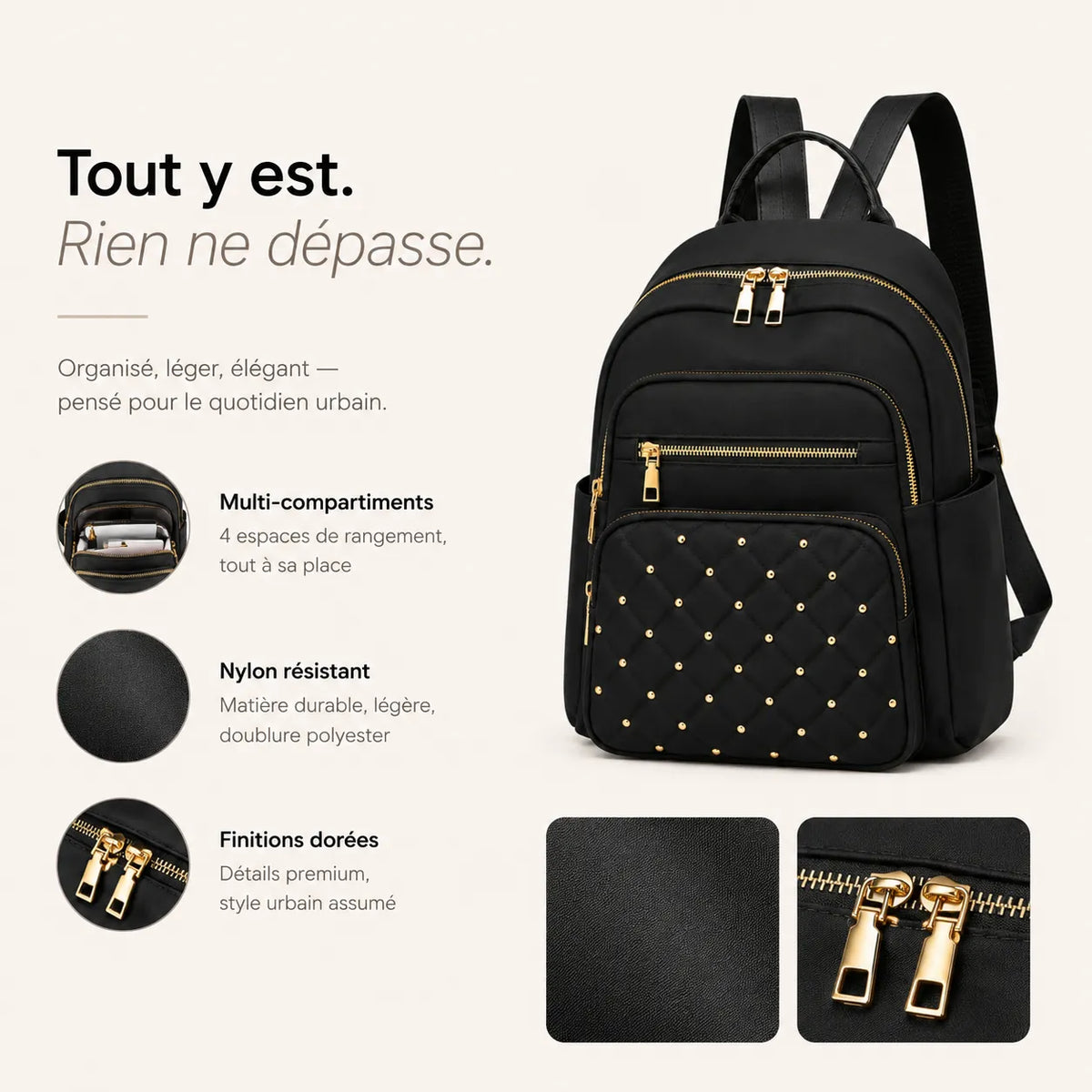 Visuel argumentaire d’un sac à dos femme en nylon noir avec finitions dorées et compartiments sur fond beige premium